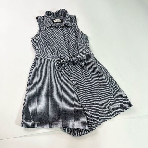By Anthropologie Romper Womens 6 Blue Striped Linen Seersucker Front Tie Preppy - Picture 1 of 10